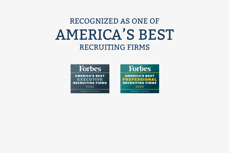Two Forbes icons with "Recognized as one of America's Best recruiting firms" above them
