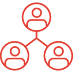 Red doodle of three people in individual circles connected by a line