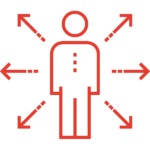 Red human outline with six arrows pointing outwards doodle