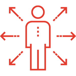 Red human outline with six arrows pointing outwards doodle