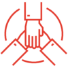 Red doodle of three arms reaching together with their hands on top of each other.