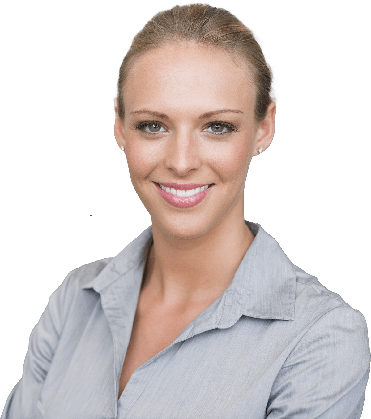 Smiling woman in a collared shirt